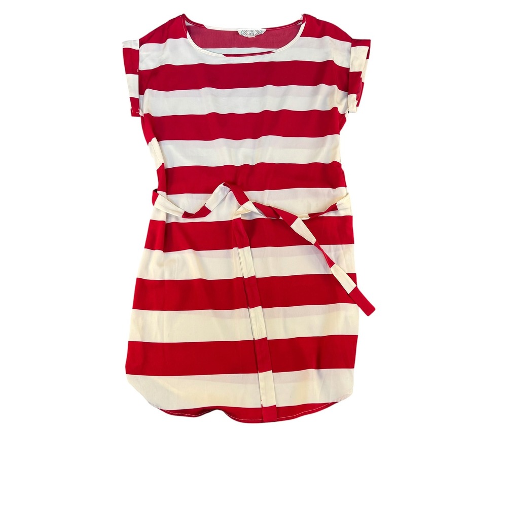 Pink‎ Rose Womens XS Red White Striped Short Sleeve Tie Waist Mini Dress